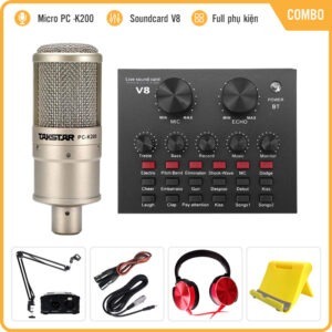 Combo Micro Takstar PC-K200 + Sound Card V8 – Thu âm hát live stream, karaoke giá rẻ