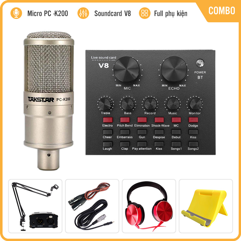 Combo Micro Takstar PC-K200 + Sound Card V8 – Thu âm hát live stream, karaoke giá rẻ