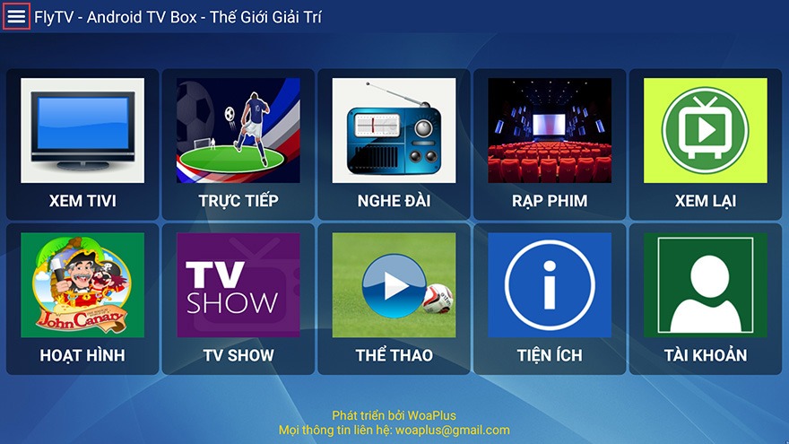 giao dien chinh cua ung dung flytv android tv box - xem phim xem truyen hinh mien phi