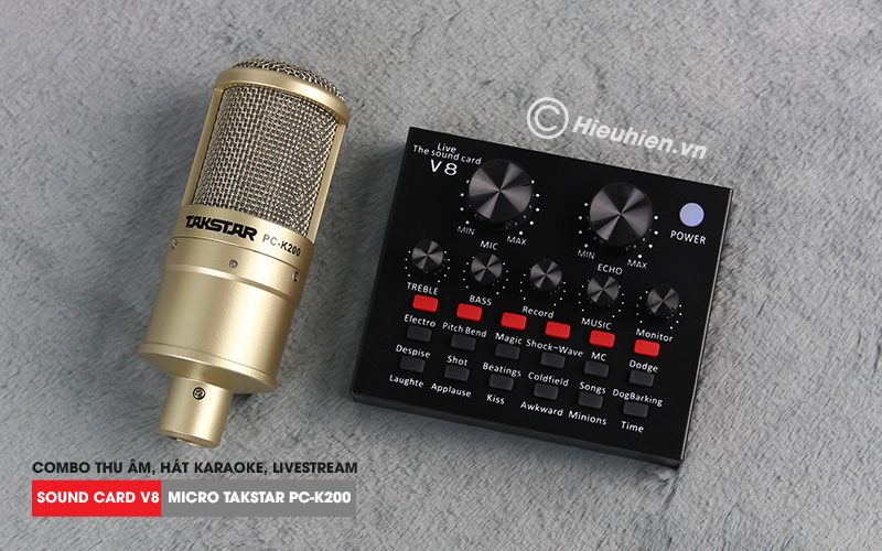 combo micro takstar pc-k200 + sound card v8 - thu âm hát live stream, karaoke giá rẻ - mặt trước