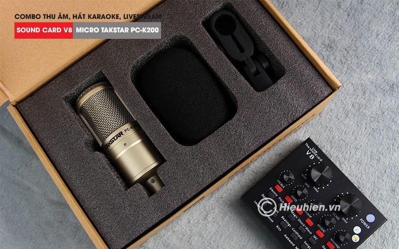 combo micro takstar pc-k200 + sound card v8 - thu âm hát live stream, karaoke giá rẻ - bộ micro