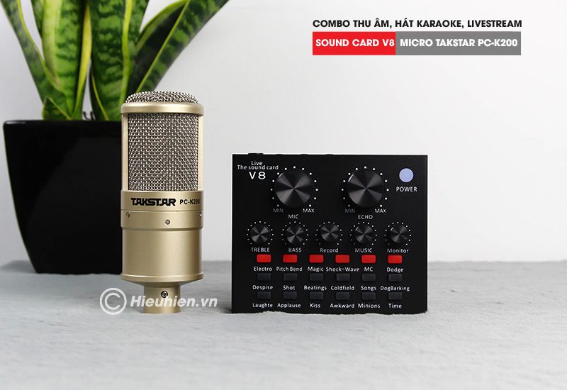 combo micro takstar pc-k200 + sound card v8 - thu âm hát live stream, karaoke giá rẻ - soundcar và micro