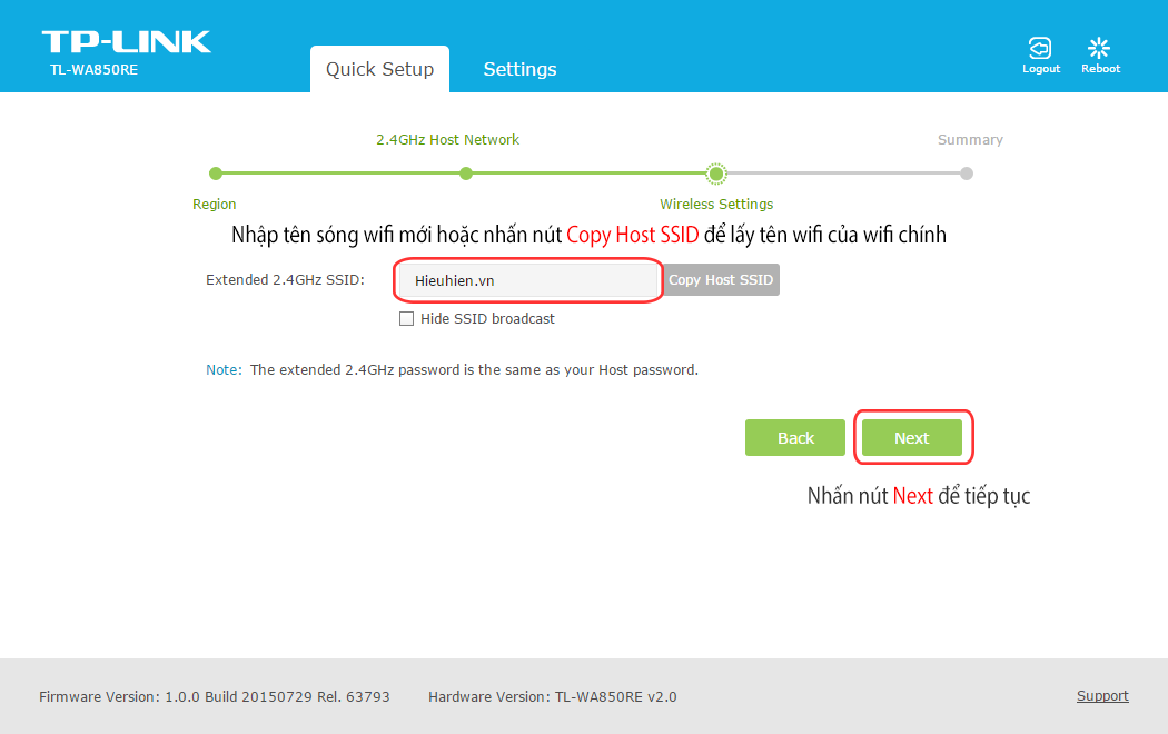 huong dan cach cau hinh tp-link tl-wa850re: nhap ten song wifi moi