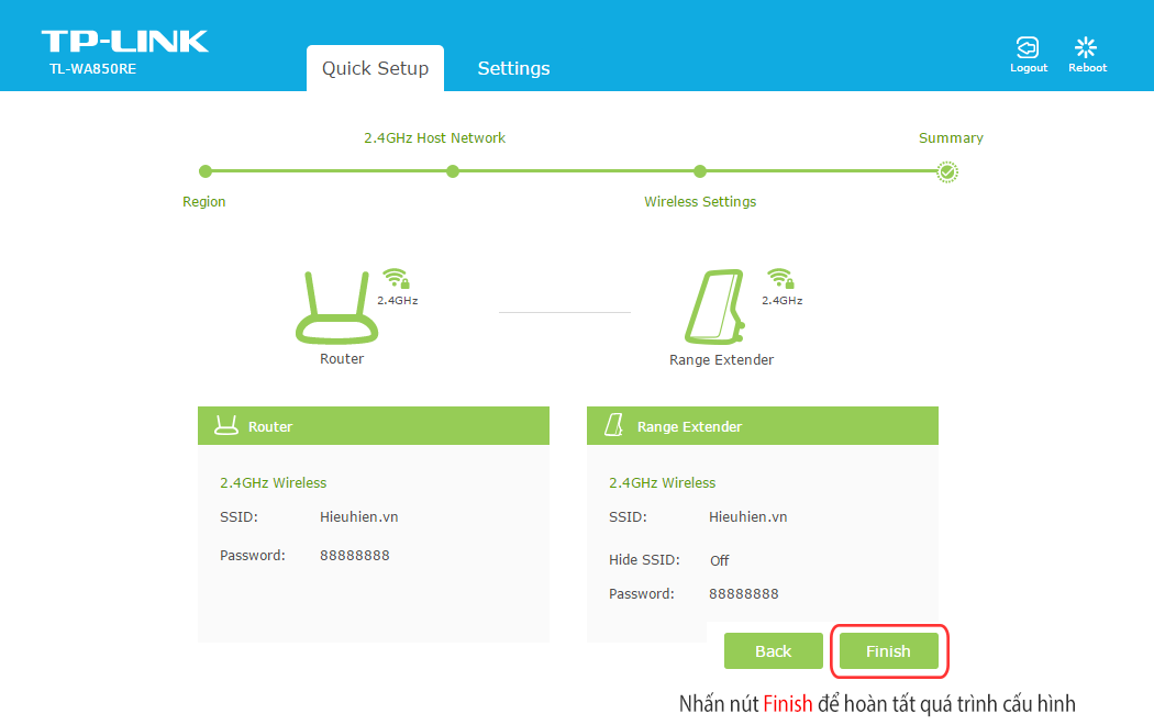 huong dan cach cau hinh tp-link tl-wa850re: chon finish de ket thuc qua trinh cai dat