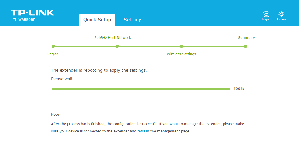 huong dan cach cau hinh tp-link tl-wa850re: doi cho thanh xu ly o giua chay den 100% la qua trinh cau hinh da hoan tat