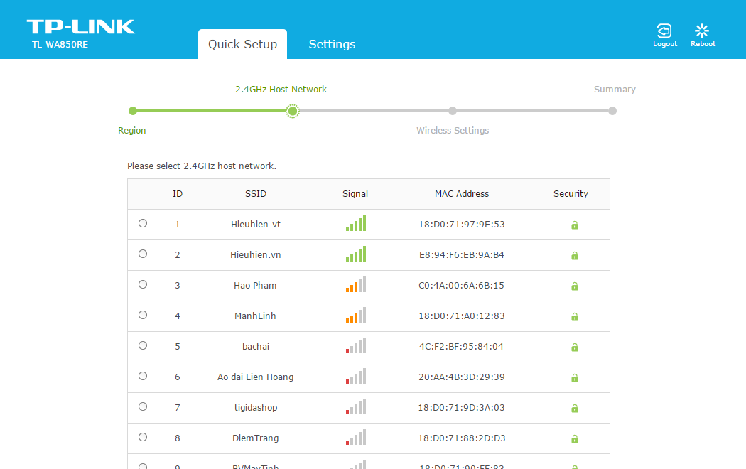 huong dan cach cau hinh tp-link tl-wa850re: hien thi danh sach song wifi co san