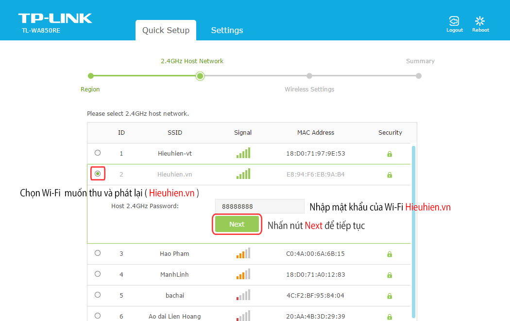 huong dan cach cau hinh tp-link tl-wa850re: chon song wifi muon thu va phat lai