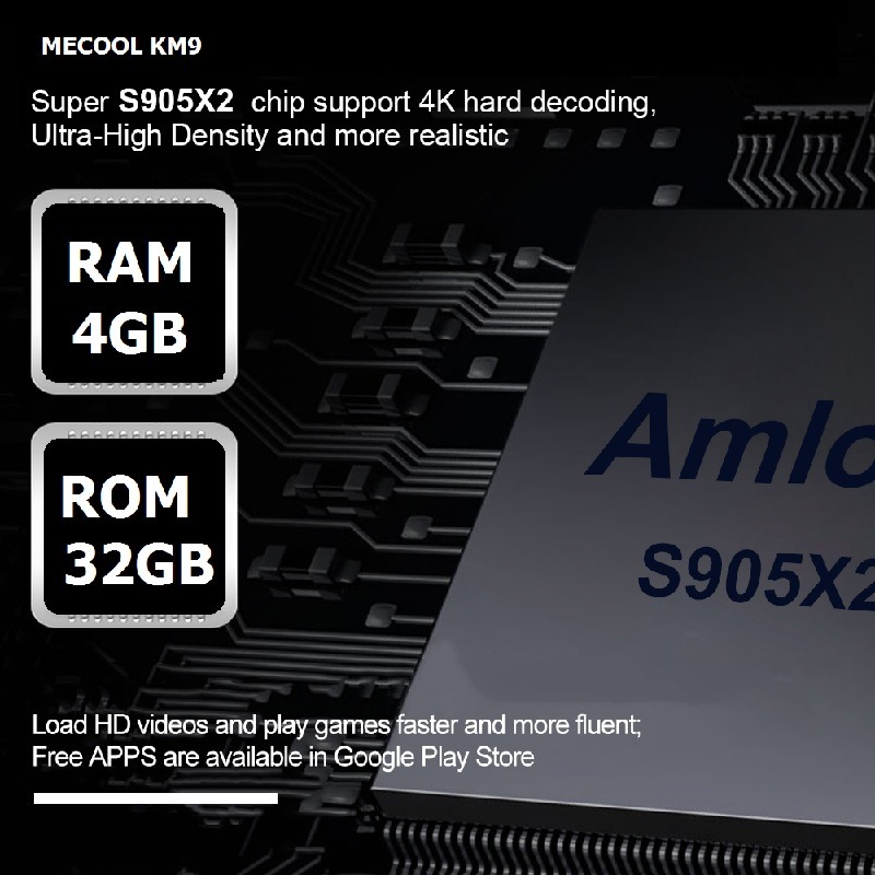 mecool km9 android tv 8.1, chip amlogic s905x2, 4gb/32gb, tìm kiếm bằng giọng nói - ram 4gb rom 32gb