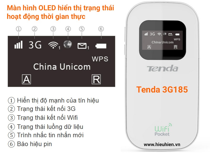 tenda 3g185 - bộ phát wifi di động từ sim 3g chính hãng, giá tốt - màn hình hiển thị