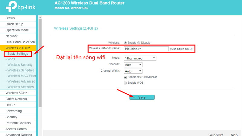 hướng dẫn cài đặt tp-link archer C50 để phát wifi trên cả 2 băng tần - dat ten 2.4ghz