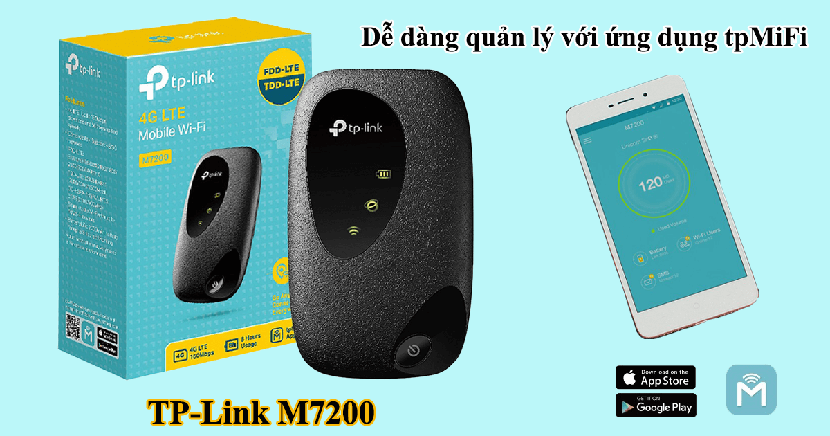 Giao diện ứng dụng tpMiFi giúp cấu hình TP-Link M7200 trên điện thoại: đổi tên WiFi, mật khẩu, theo dõi dung lượng dữ liệu 4G