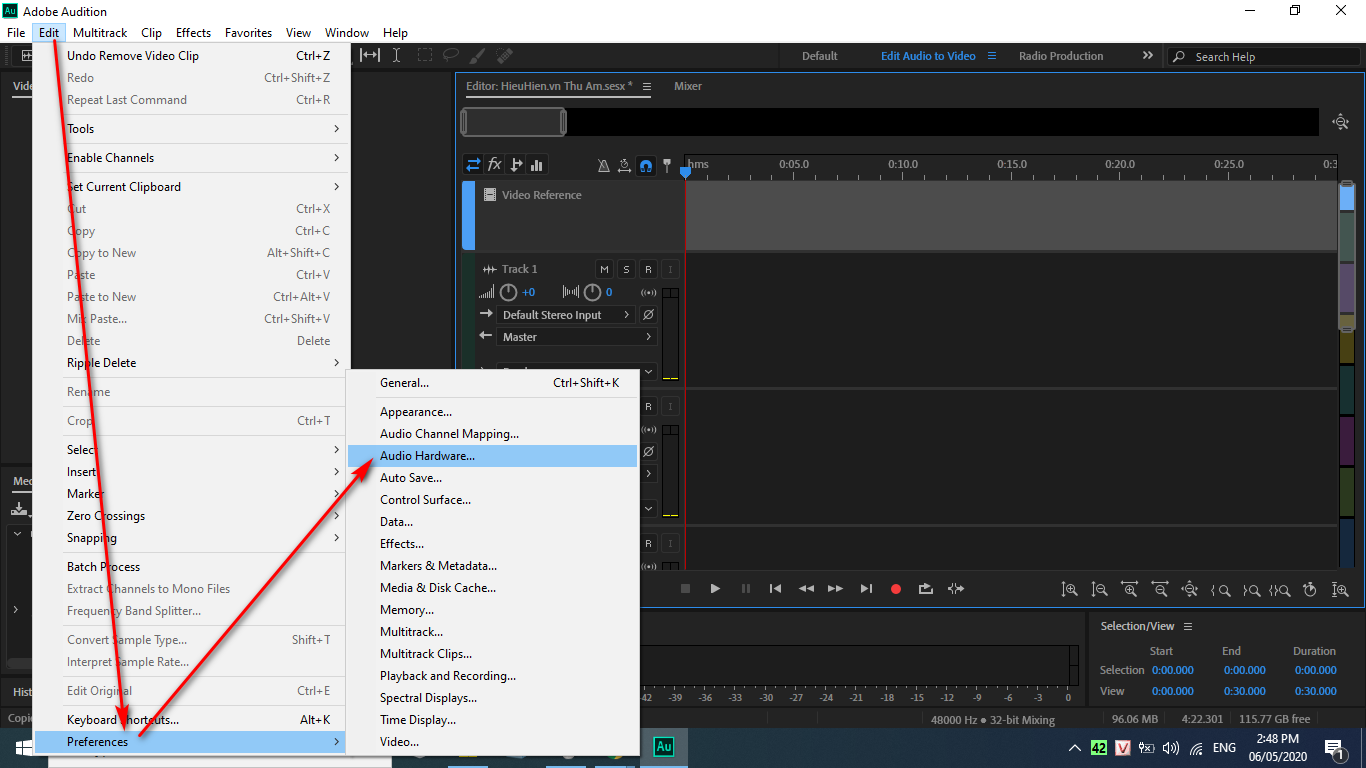 thiet lap audio input output trong adobe audition
