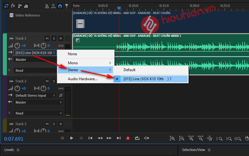 chon input cho track 1 la stereo