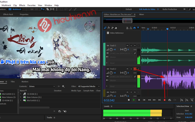 chọn track âm thanh cần chỉnh sửa
